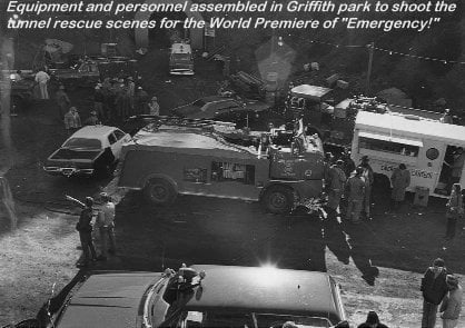Equipment and personnel assembled in Griffith Park to shoot the tunnel rescue scenes for the World Premier of "Emergency!"